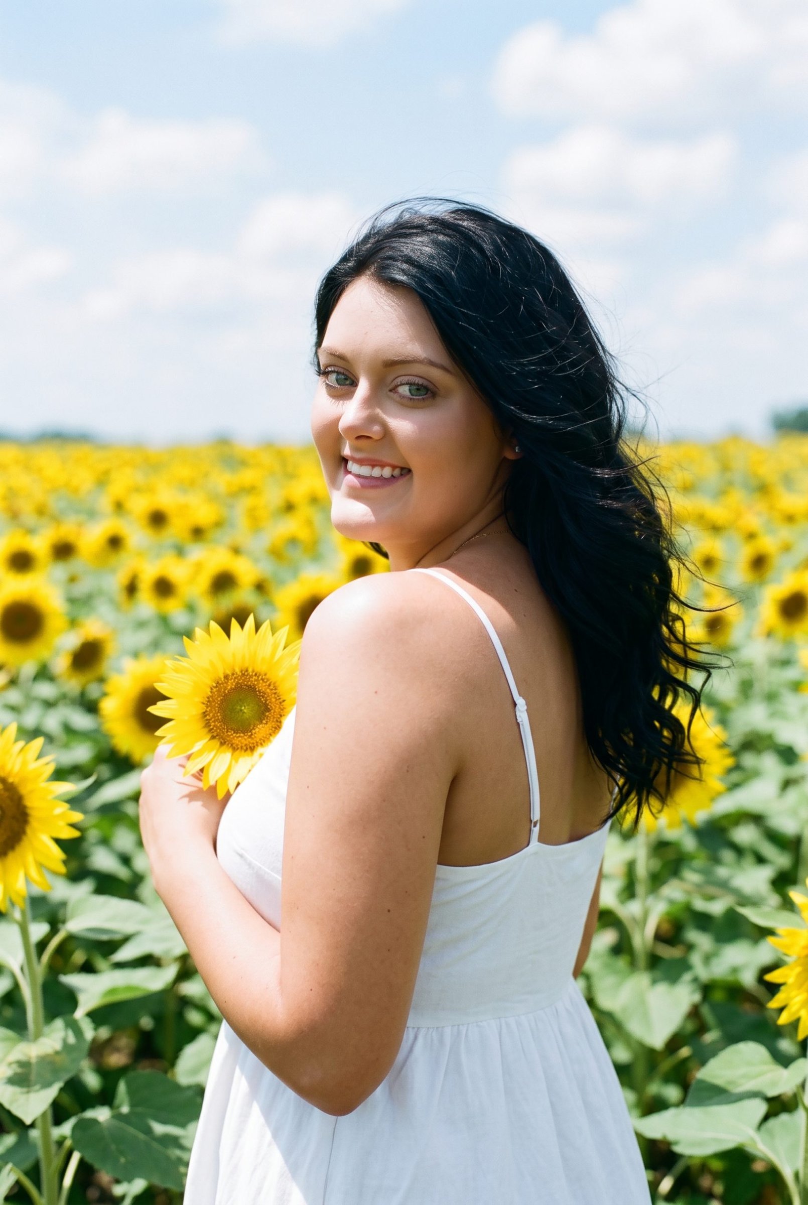 Lynda Gayle Abner smiling in a sunflower field wearing a white dress